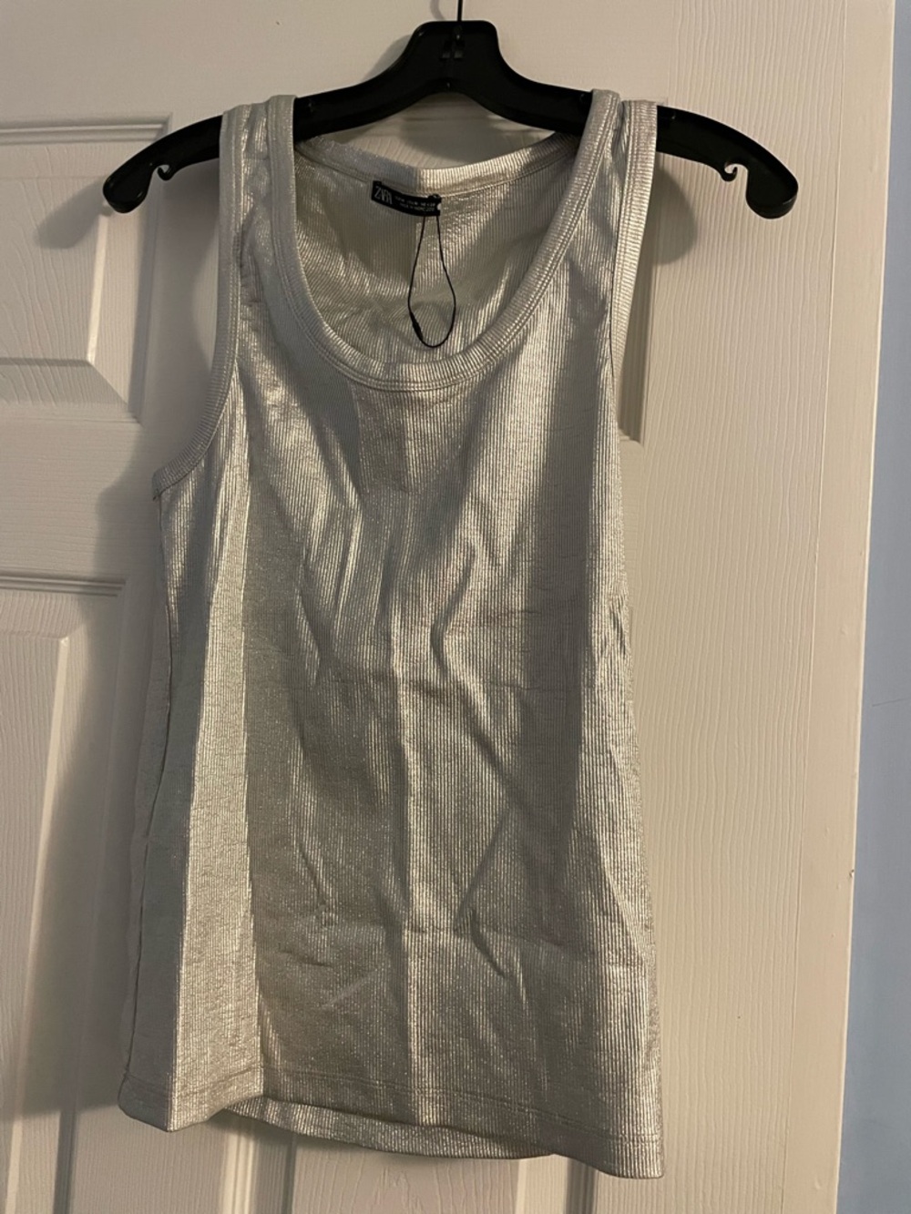 Zara Metallic Silver Ribbed Tank Top